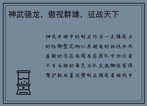 神武骁龙，傲视群雄，征战天下