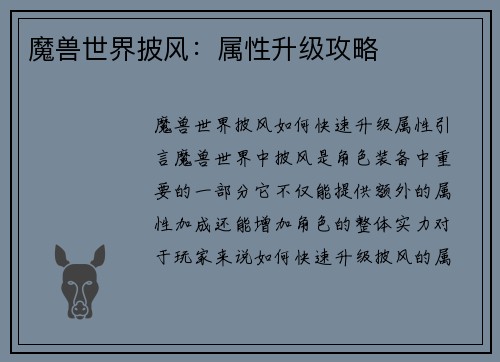 魔兽世界披风：属性升级攻略